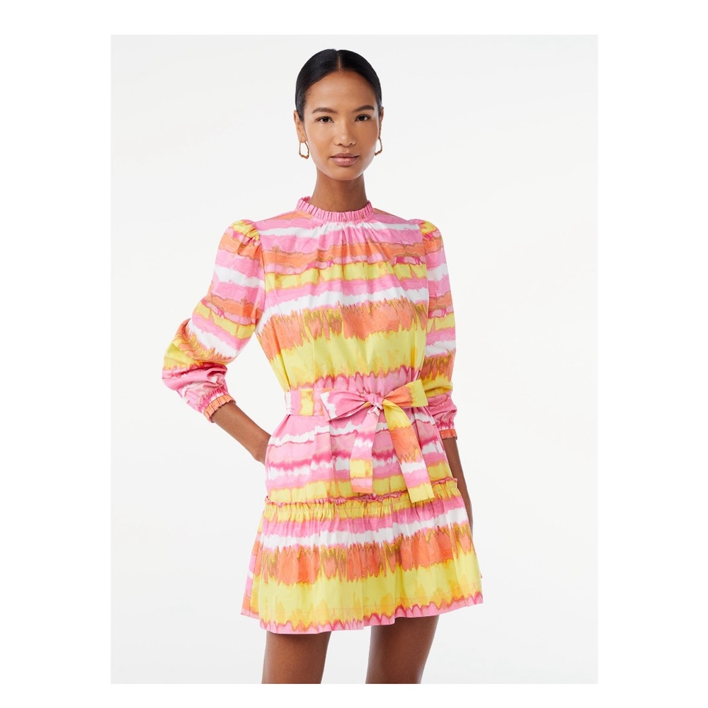 NWT Scoop Mock Neck Tiered Dress Women Scoop Size XL Pink Multi Color Tie Dye